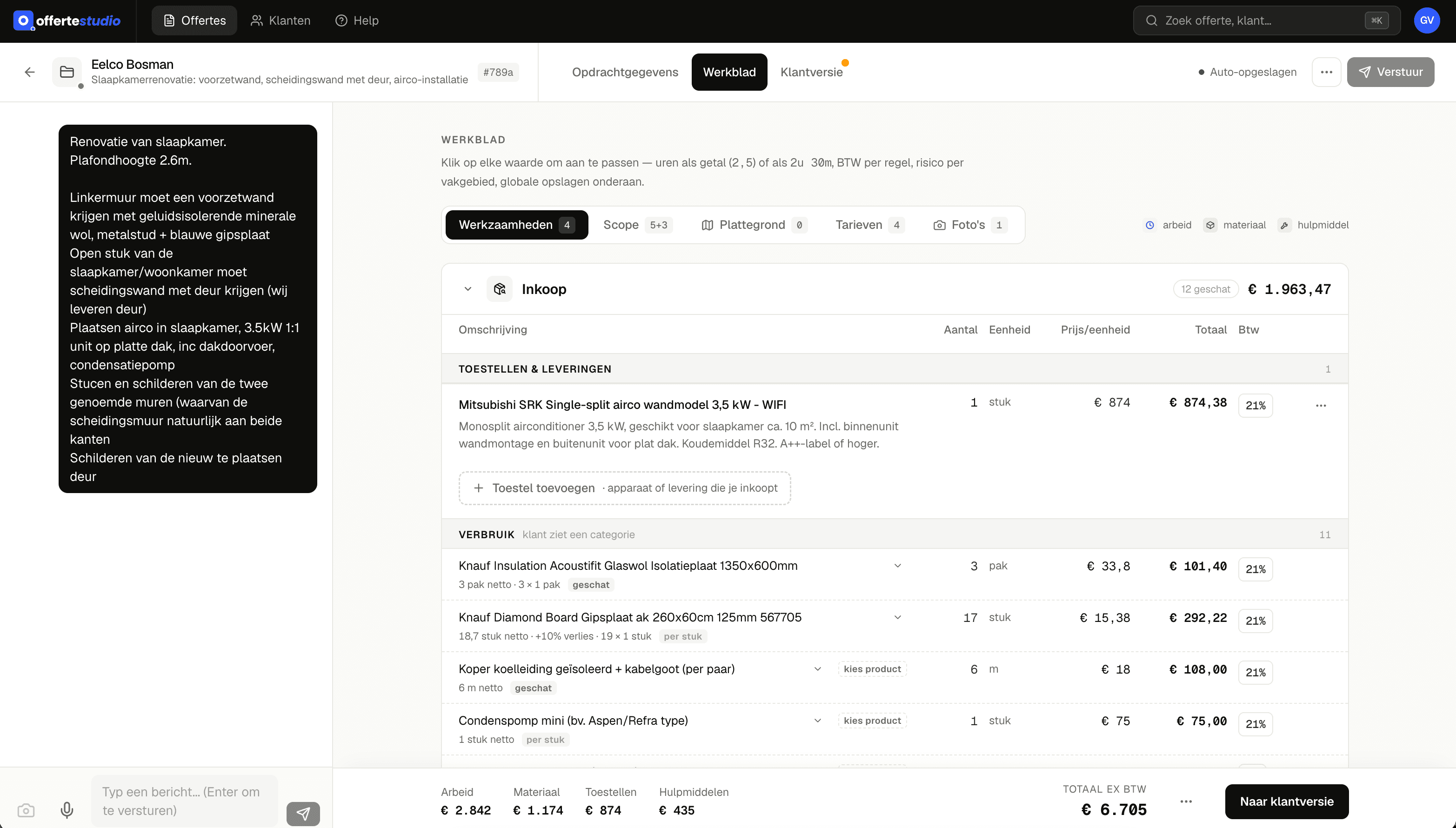 Het werkblad van Offertestudio: per werkzaamheid berekende uren, materiaal en inkoop, met het totaal ex BTW onderaan.